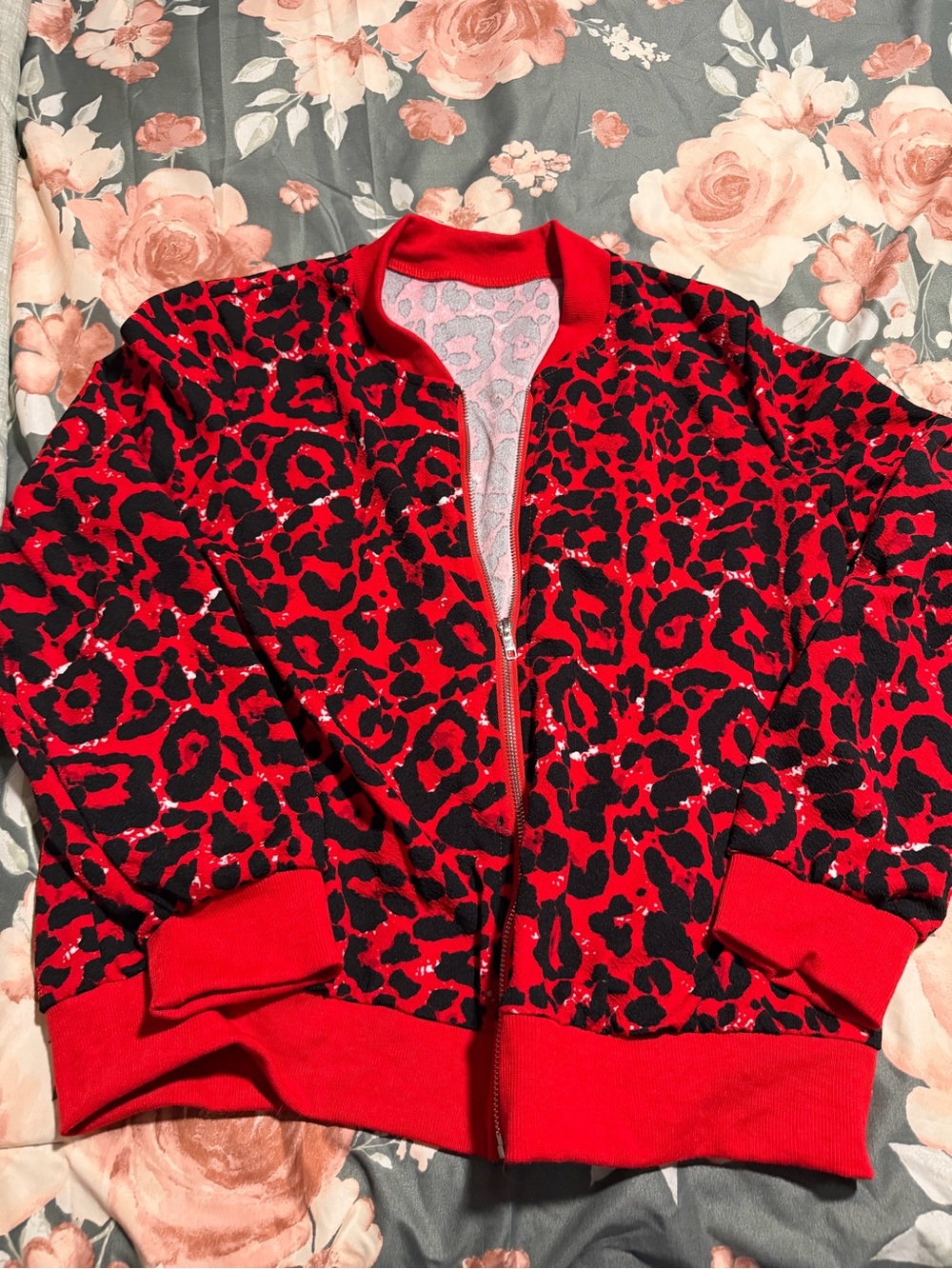 Source Unknown Red and Black Leopard Print Bomber Jacket